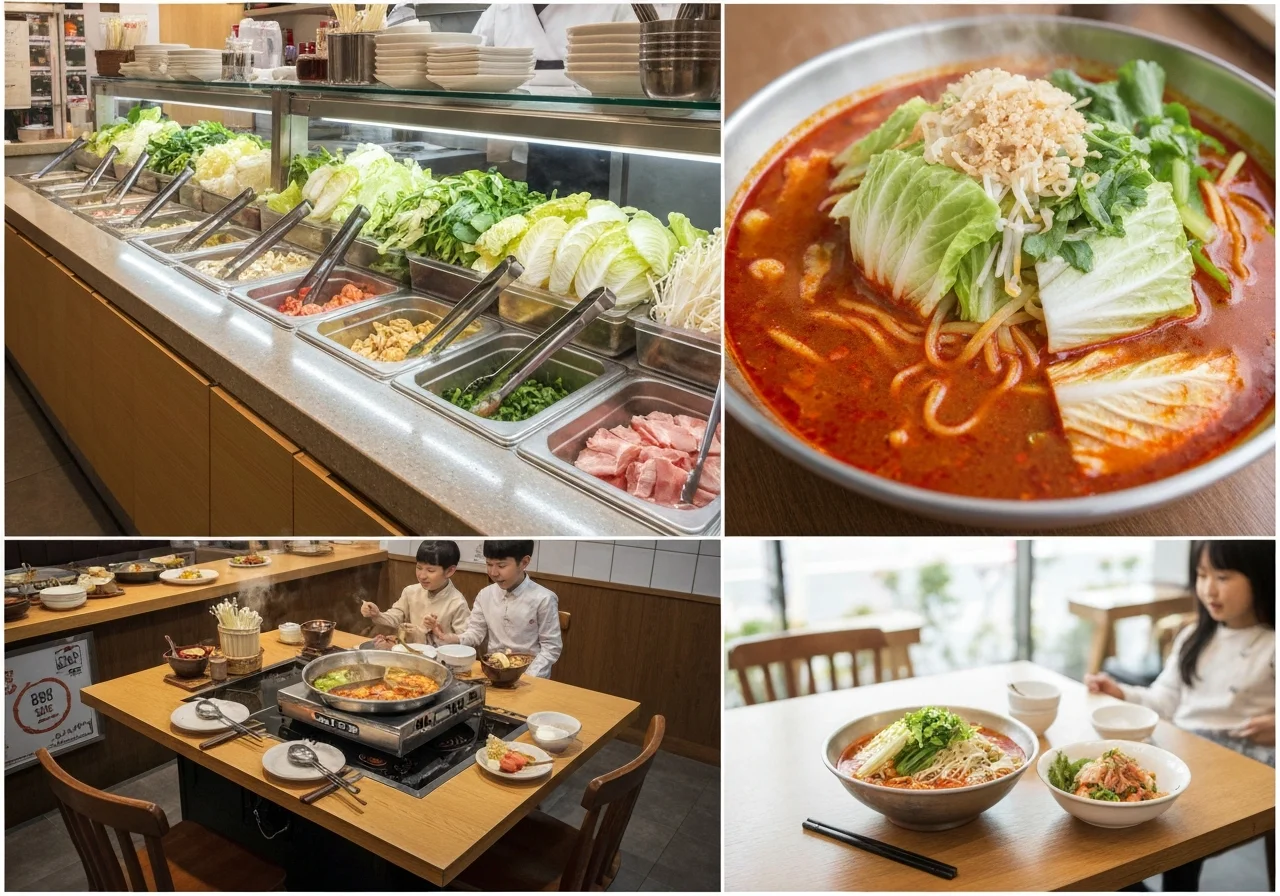 木のテーブルに置かれた麻辣湯の丼を斜め上から写し、赤いスープと具材の彩りが見える写真
