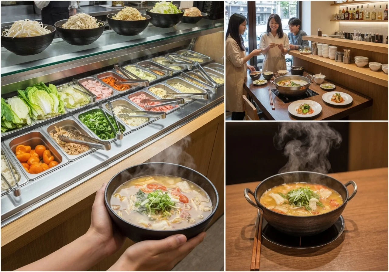 氷を入れたグラスのミルクティーとホットコーヒーを赤いテーブルに並べたドリンク写真